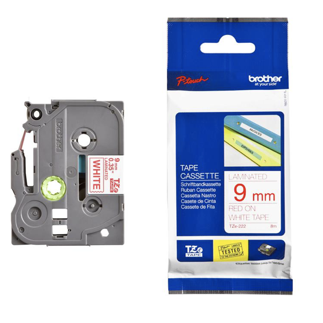 Brother Tape Cassette Red on White 9mm TZE-222